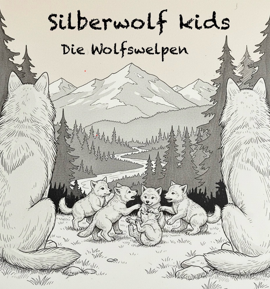 Cover von Band 1: Zwei erwachsene Wölfe blicken von hinten auf eine Lichtung, auf der fünf Wolfswelpen miteinander spielen; dahinter ein Flusstal mit Tannenwald und Bergen. Titel: Silberwolf kids — Die Wolfswelpen