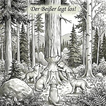 Zeichnung: Fünf Wolfswelpen umringen einen angenagten Baumstumpf — darüber der Schriftzug: Der Beißer legt los!