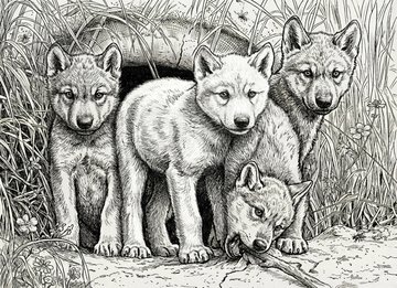 LineArt-Zeichnung: Wolfswelpen vor dem Höhleneingang, einer kaut auf einem Stock