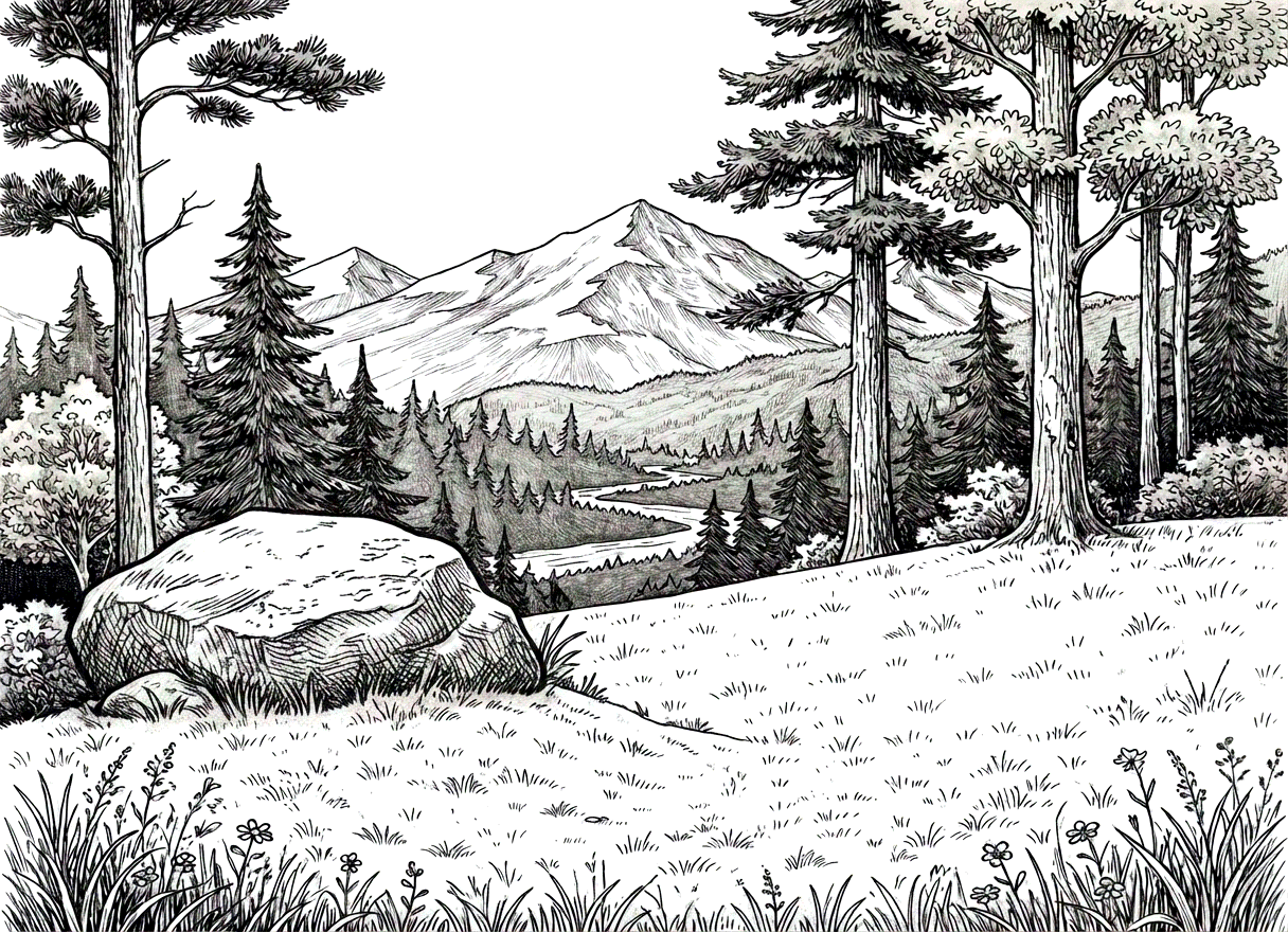 Zeichnung: Blick aus einer Höhle ins Waldtal