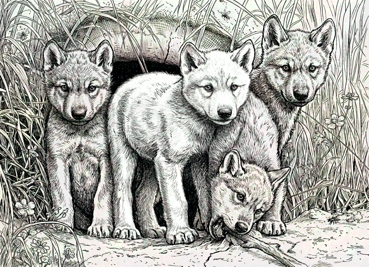 Zeichnung: Wolfswelpen vor dem Bau