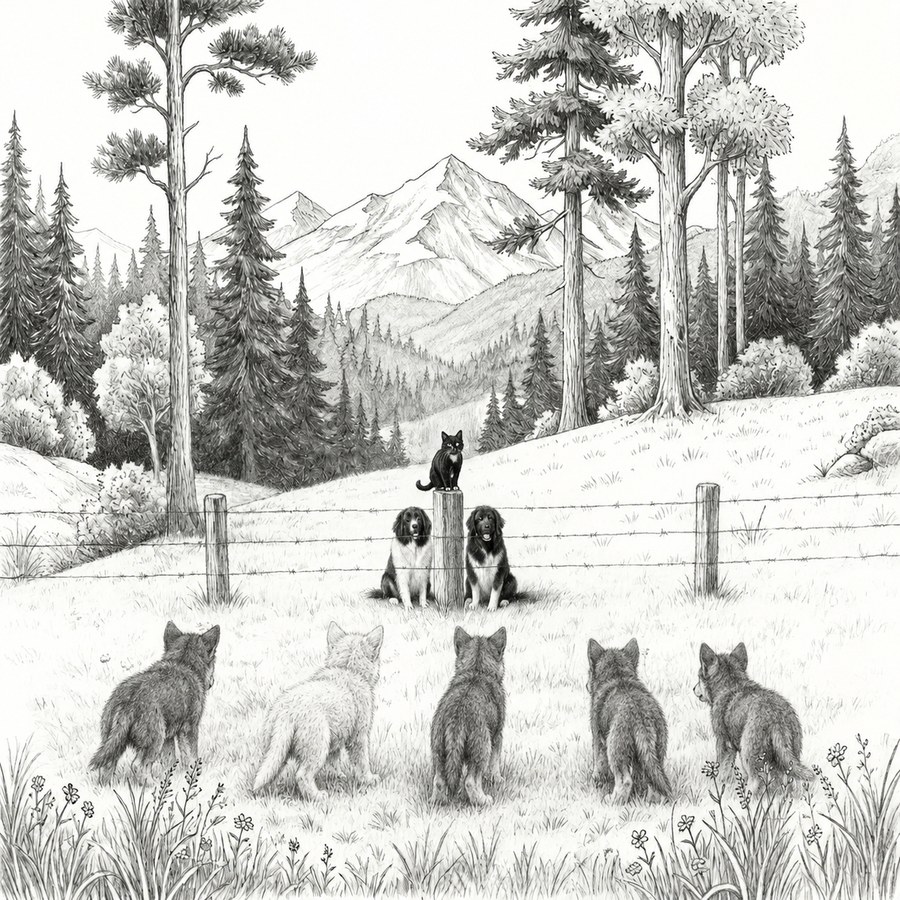 Motiv aus Band 2: Die schwarze Hofkatze sitzt auf einem Zaunpfosten, dahinter zwei große Hofhunde am Weidezaun; davor betrachten fünf Wolfswelpen von hinten die Szene.