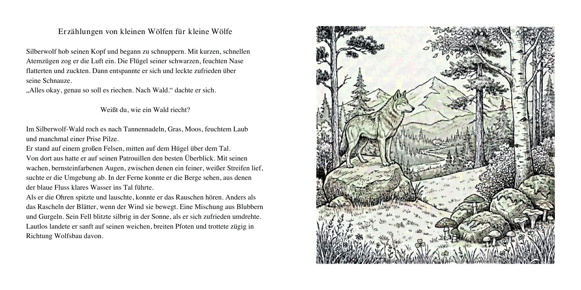 Prolog-Doppelseite aus Band 1: links der Erzähltext, rechts die Schwarzweiß-Illustration — Silberwolf steht auf einem Felsen über dem Tal